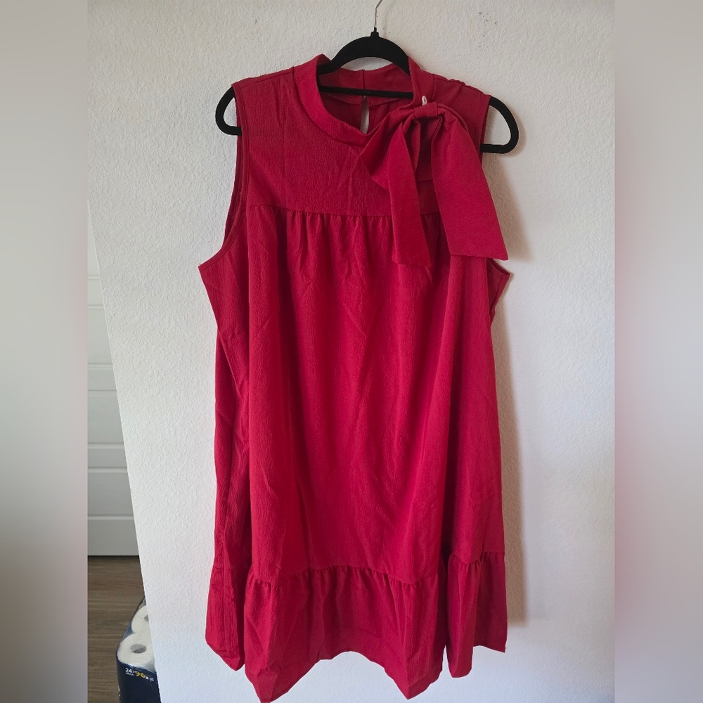Sleeveless Red Tie-Neck Midi Dress With Pockets - Picture 7 of 10